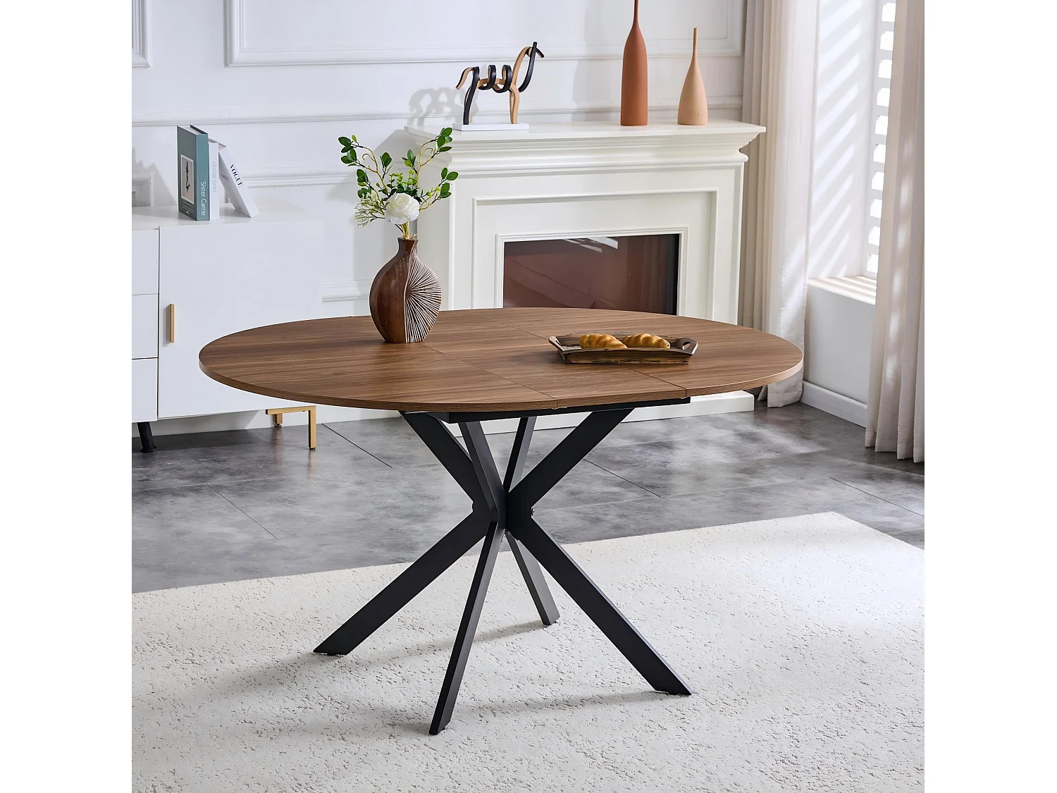 Table à manger extensible ronde 137 cm en MDF finition noyer et métal noir – Design moderne, pied trépied stable, 4 à 6 personnes