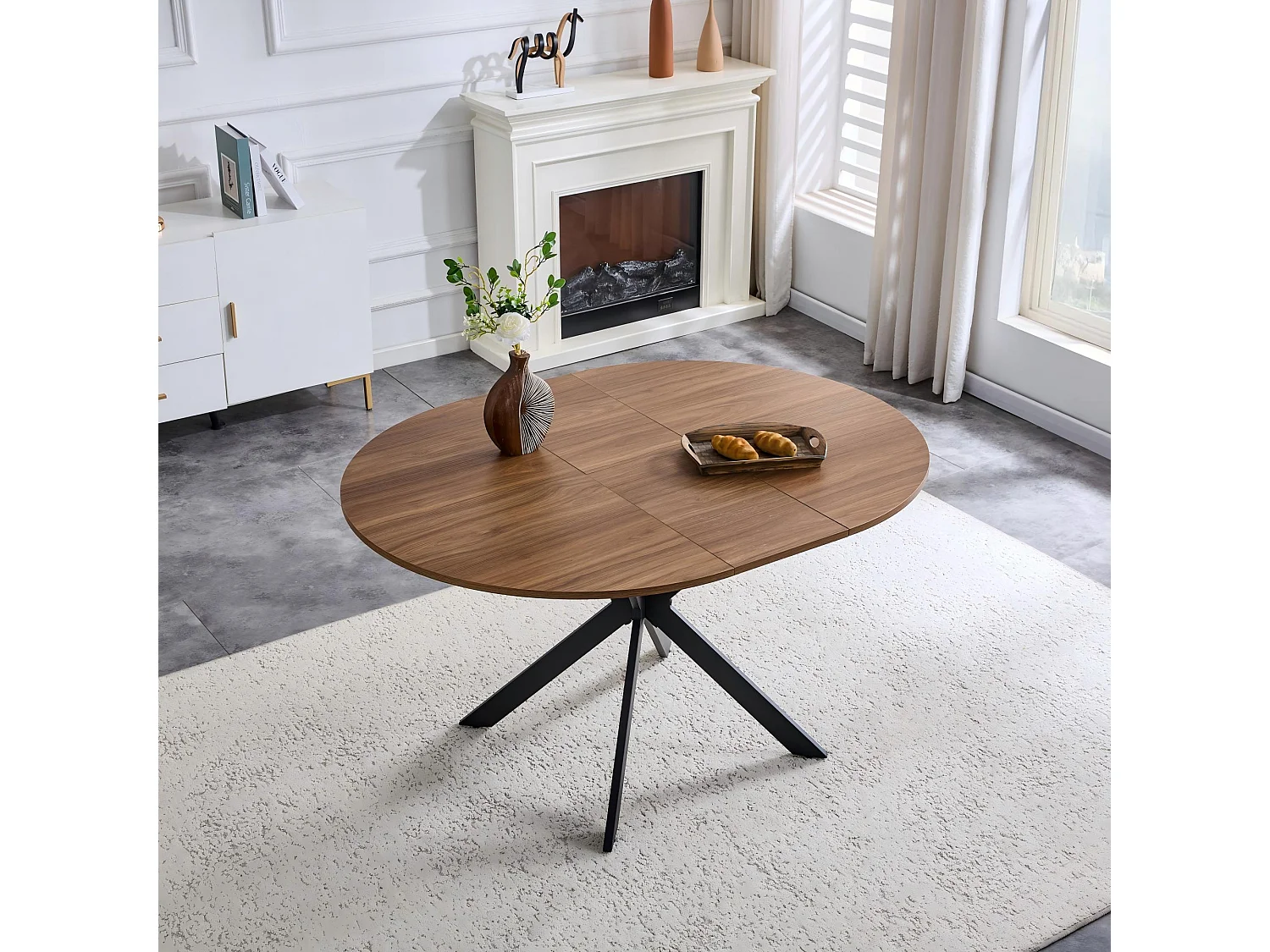 Table à manger extensible ronde 137 cm en MDF finition noyer et métal noir – Design moderne, pied trépied stable, 4 à 6 personnes