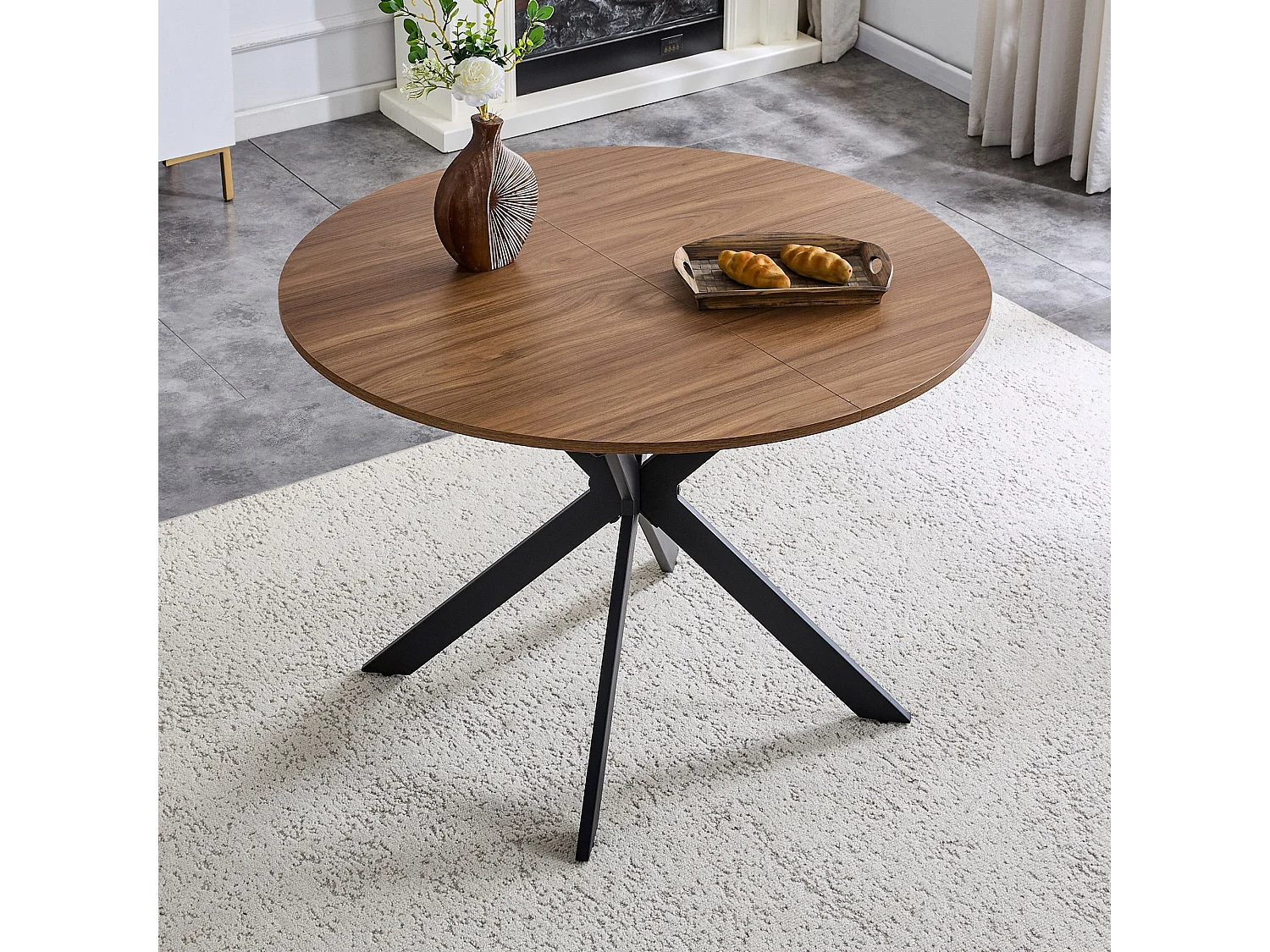 Table à manger extensible ronde 137 cm en MDF finition noyer et métal noir – Design moderne, pied trépied stable, 4 à 6 personnes