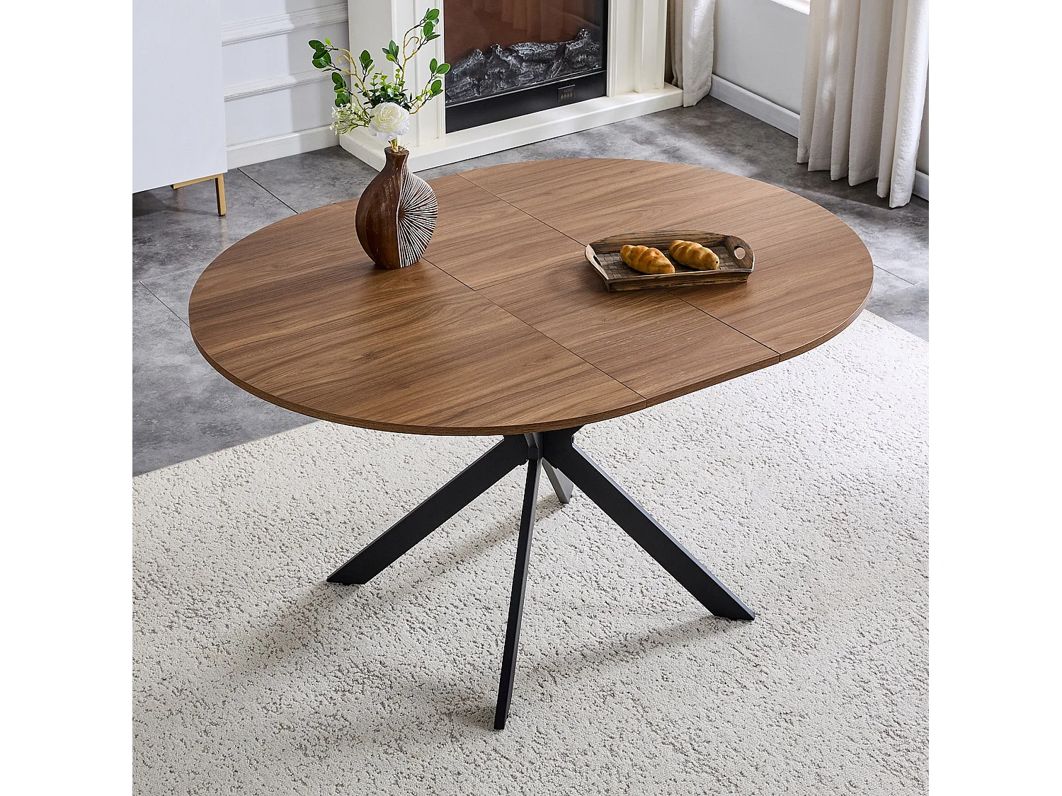 Table à manger extensible ronde 137 cm en MDF finition noyer et métal noir – Design moderne, pied trépied stable, 4 à 6 personnes