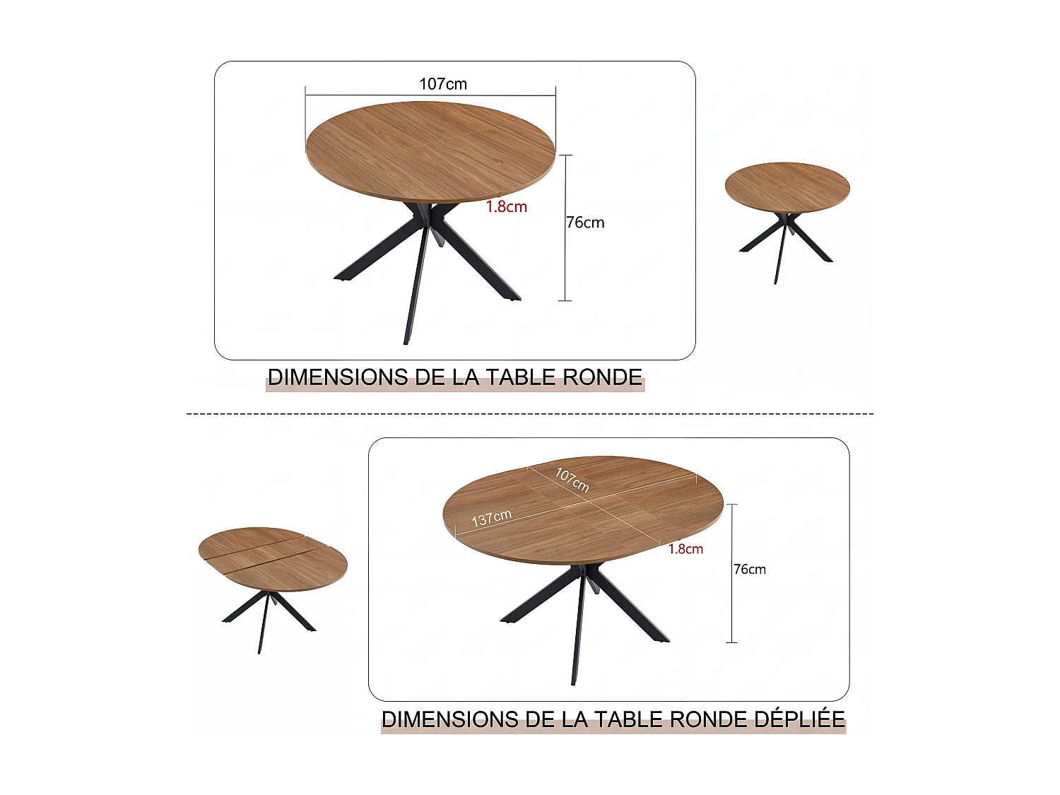 Table à manger extensible ronde 137 cm en MDF finition noyer et métal noir – Design moderne, pied trépied stable, 4 à 6 personnes