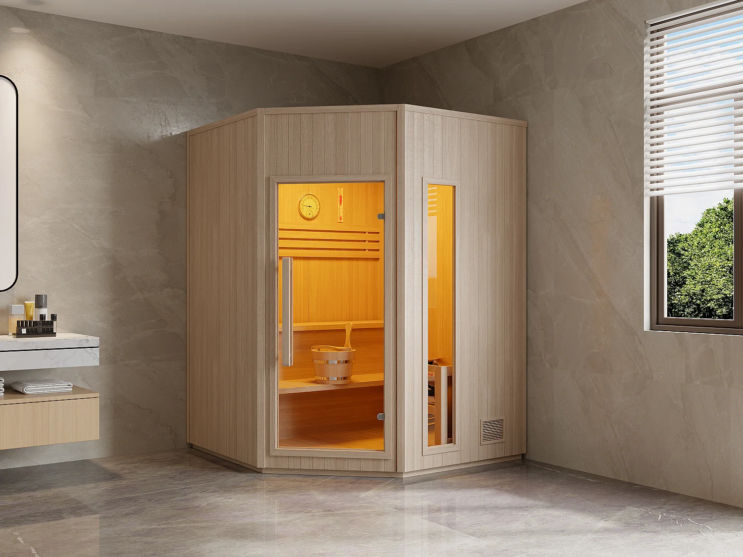 Sauna finlandais d'angle avec poêle 4,5KW - 3/4 places - L150 x P150 x H200 cm - KOTKA