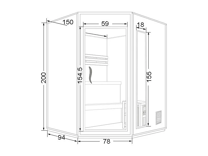 Finsk hjørnebadstue med ovn 4,5KW - 3/4 plasser - B150 x D150 x H200 cm - KOTKA