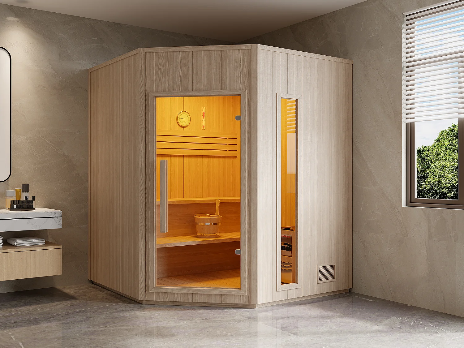 Sauna finlandais d'angle avec poêle 8KW - 5/6 places - L180 x P180 x H210 cm - KOTKA