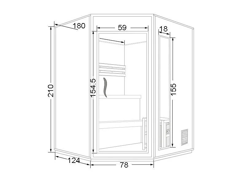 Finsk hjørnebadstue med 8KW ovn - 5/6 plasser - B180 x D180 x H210 cm - KOTKA