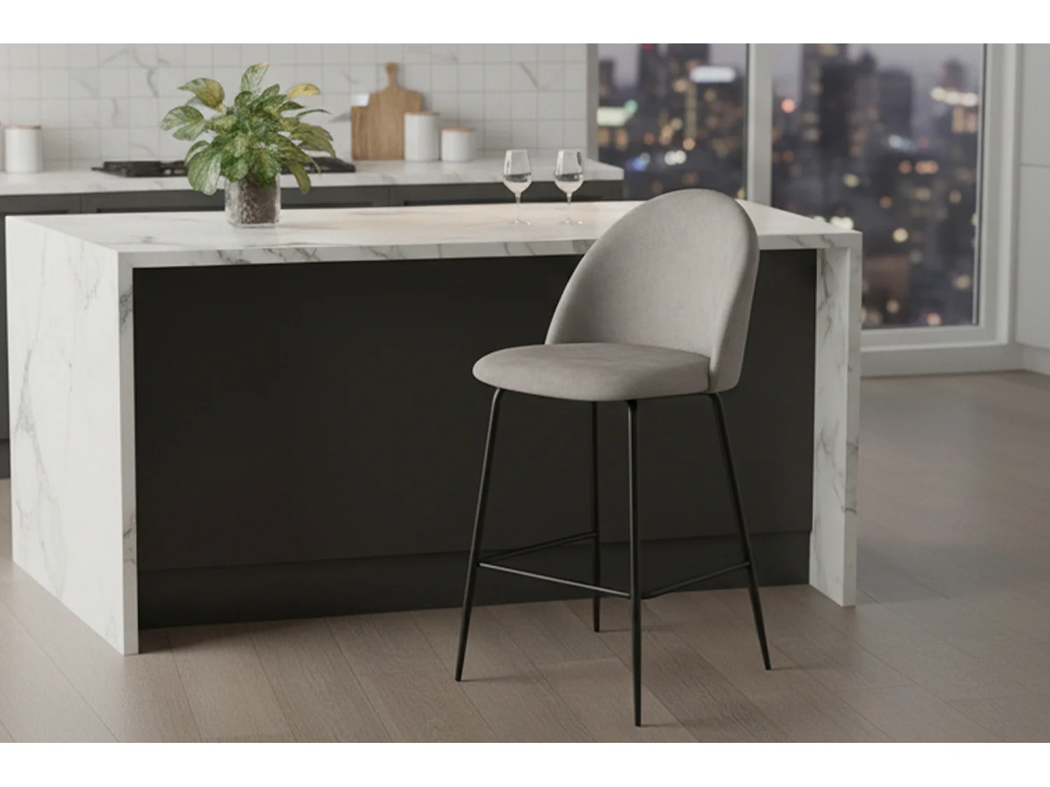Sgabello cucina imbottito, sgabello alto in velluto tortora piede nero – Nicole