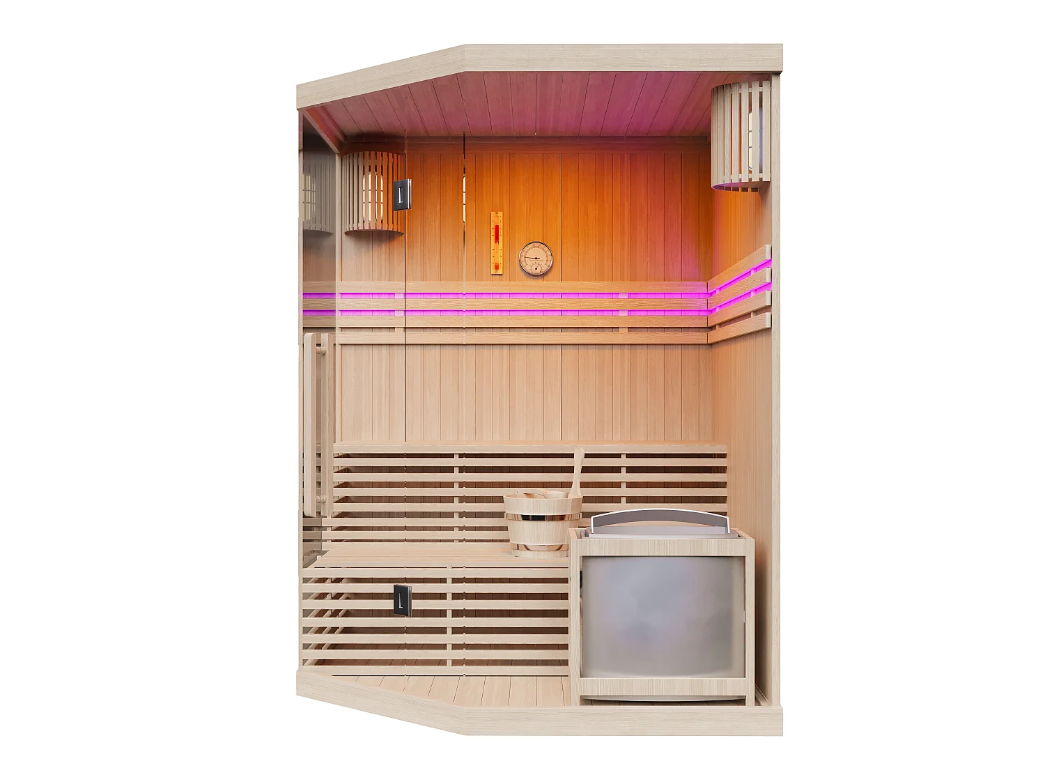 Sauna finlandais d'angle vitré à leds avec poêle 6KW - 3/4 places - L150 x P150 x H200 - KALSOY