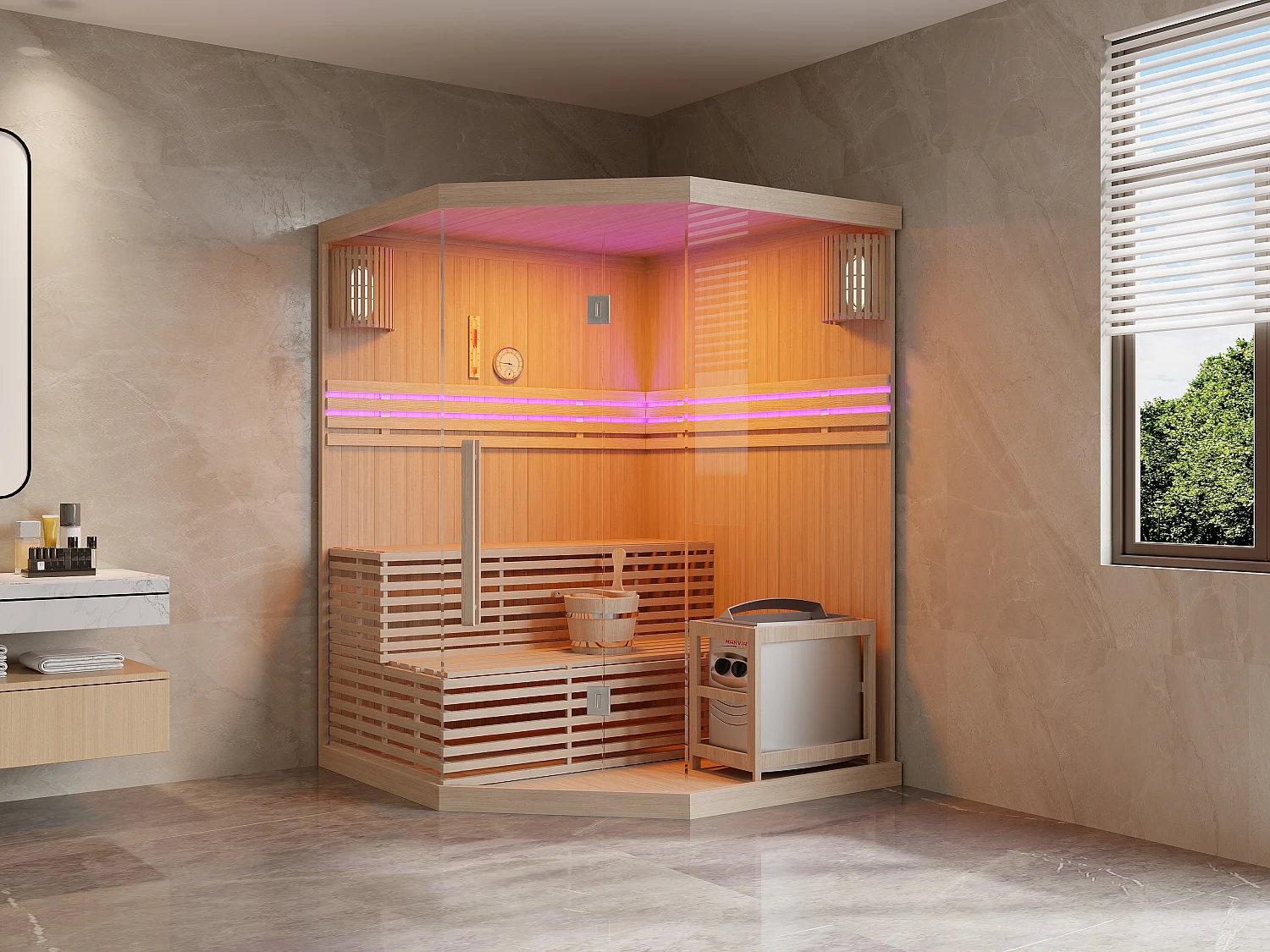 Sauna finlandais d'angle vitré à leds avec poêle 6KW - 3/4 places - L150 x P150 x H200 - KALSOY
