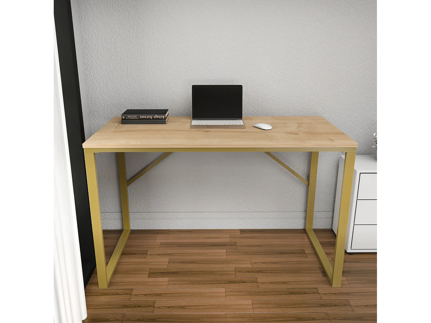 Layton Bureau 120 cm x 74 cm x 60 cm - Cadre Métallique (Doré et Chêne)