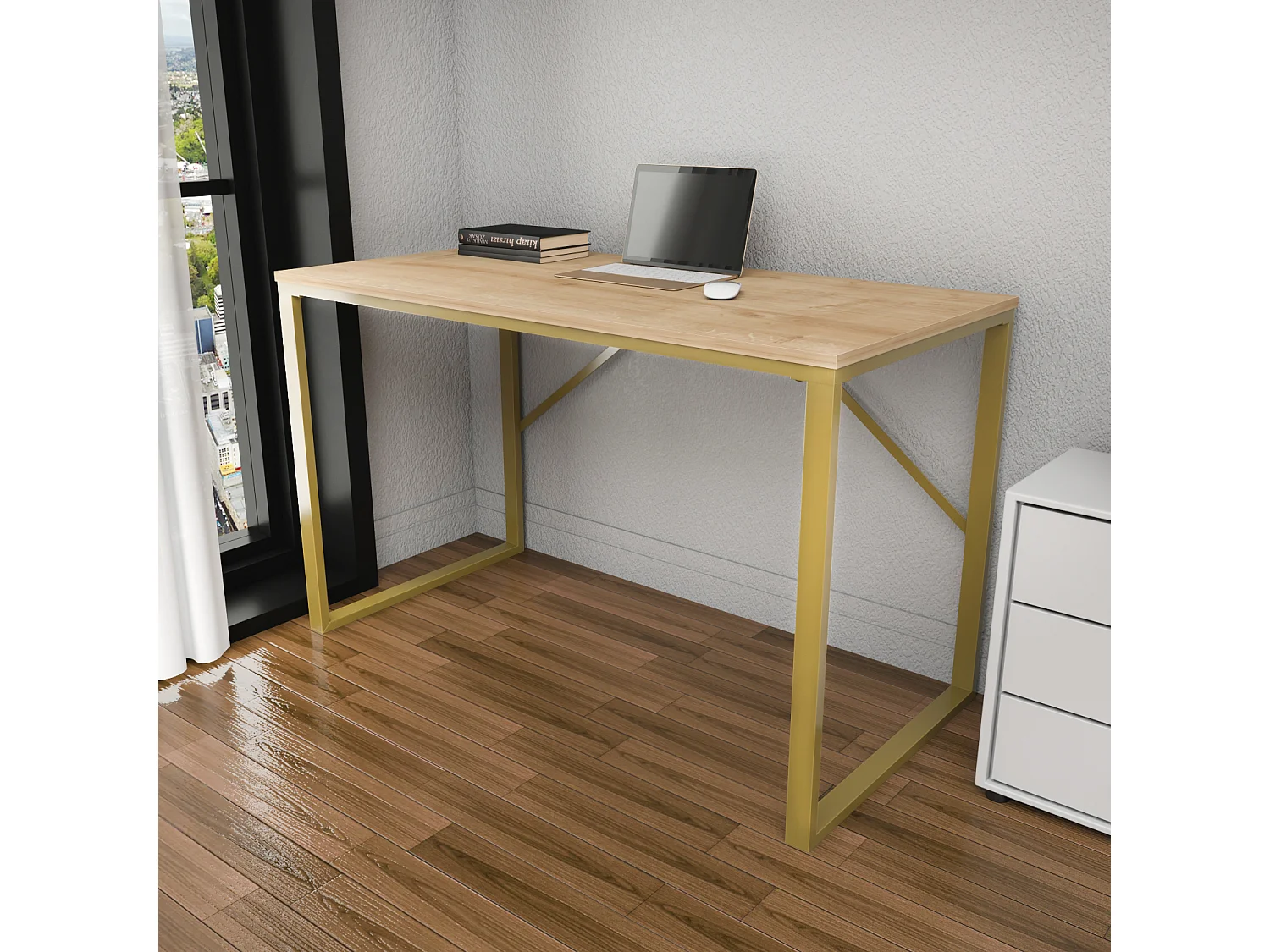 Layton Bureau 120 cm x 74 cm x 60 cm - Cadre Métallique (Doré et Chêne)