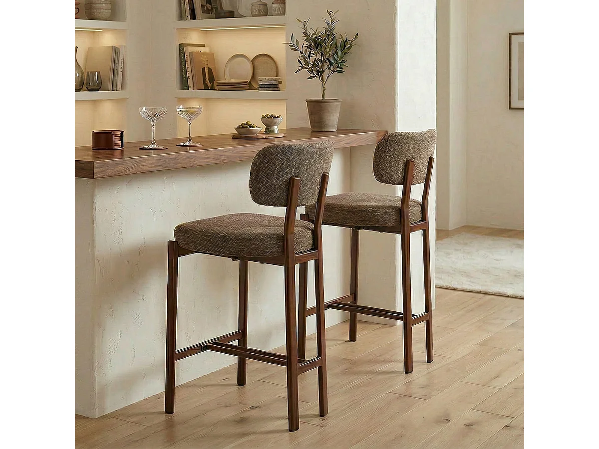Hocker 2er?Set, brauner Stoff und Beine mit Nussbaumdekor H92 cm - MARLA