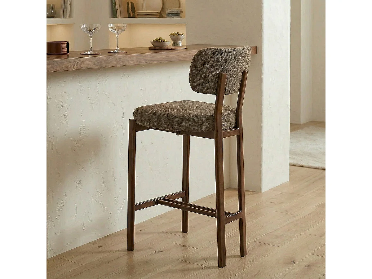 Hocker 2er?Set, brauner Stoff und Beine mit Nussbaumdekor H92 cm - MARLA
