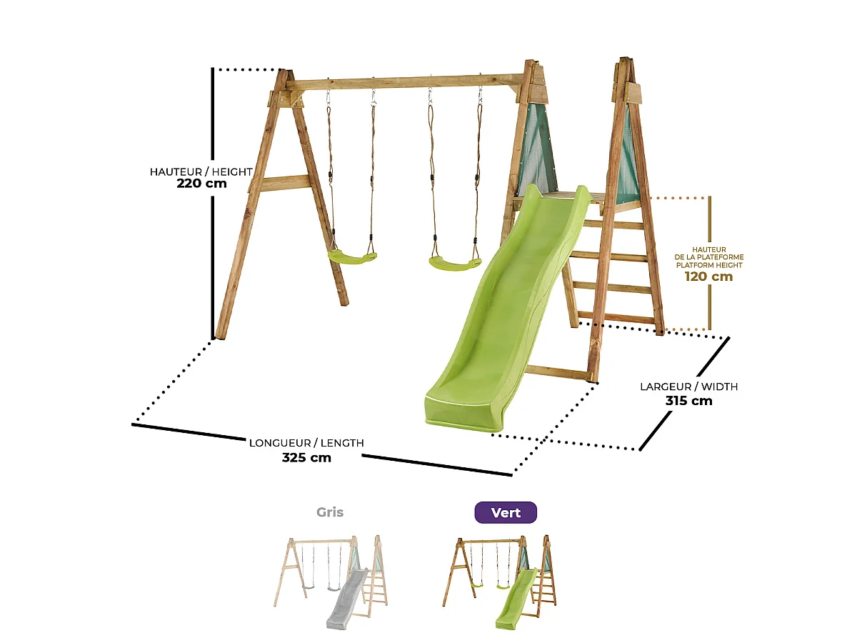 Kangui - Portique balançoire et toboggan en bois WINDI - Vert