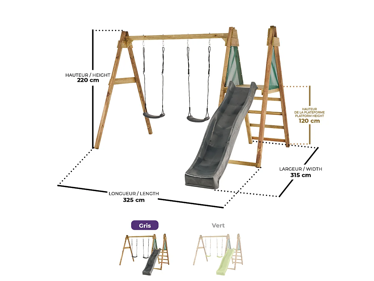 Kangui - Portique balançoire et toboggan en bois WINDI - Gris