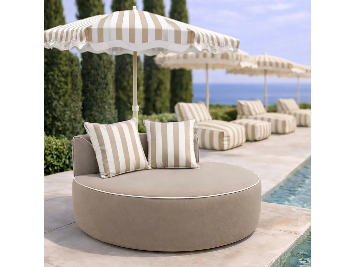 Now's Home - Fauteuil Extérieur Rond Compresse Tissu Taupe Avec Deux Coussins Nino