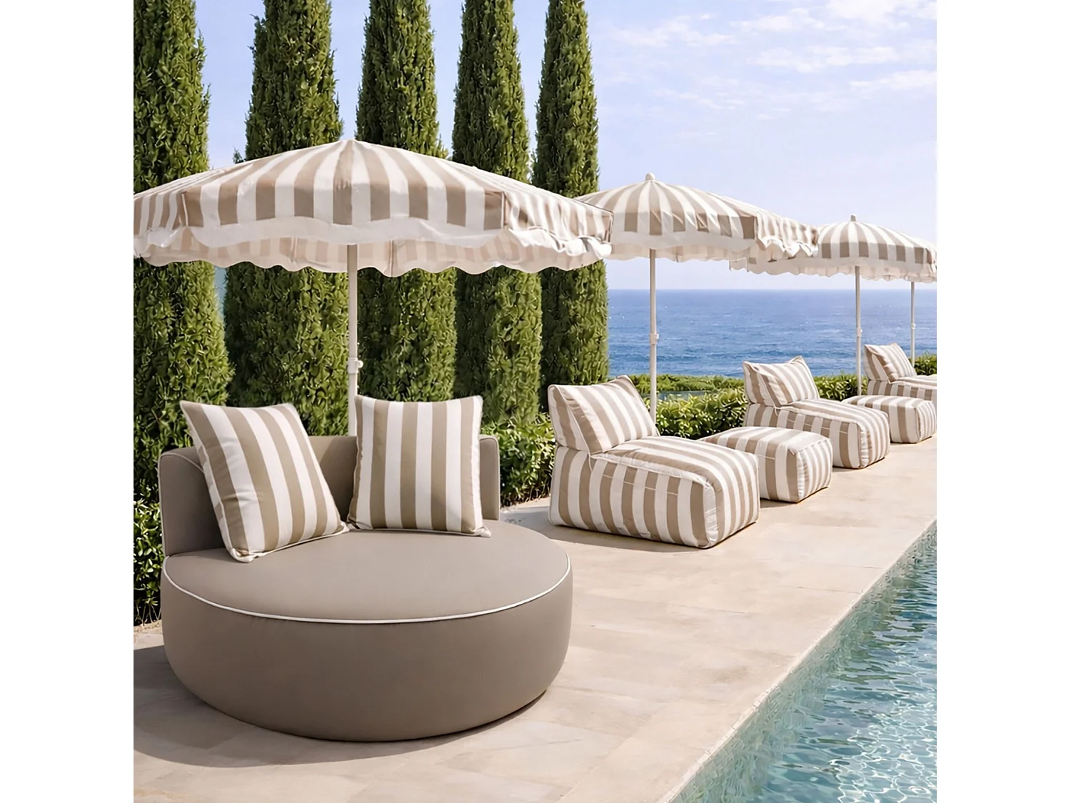 Now's Home - Fauteuil Extérieur Rond Compresse Tissu Taupe Avec Deux Coussins Nino