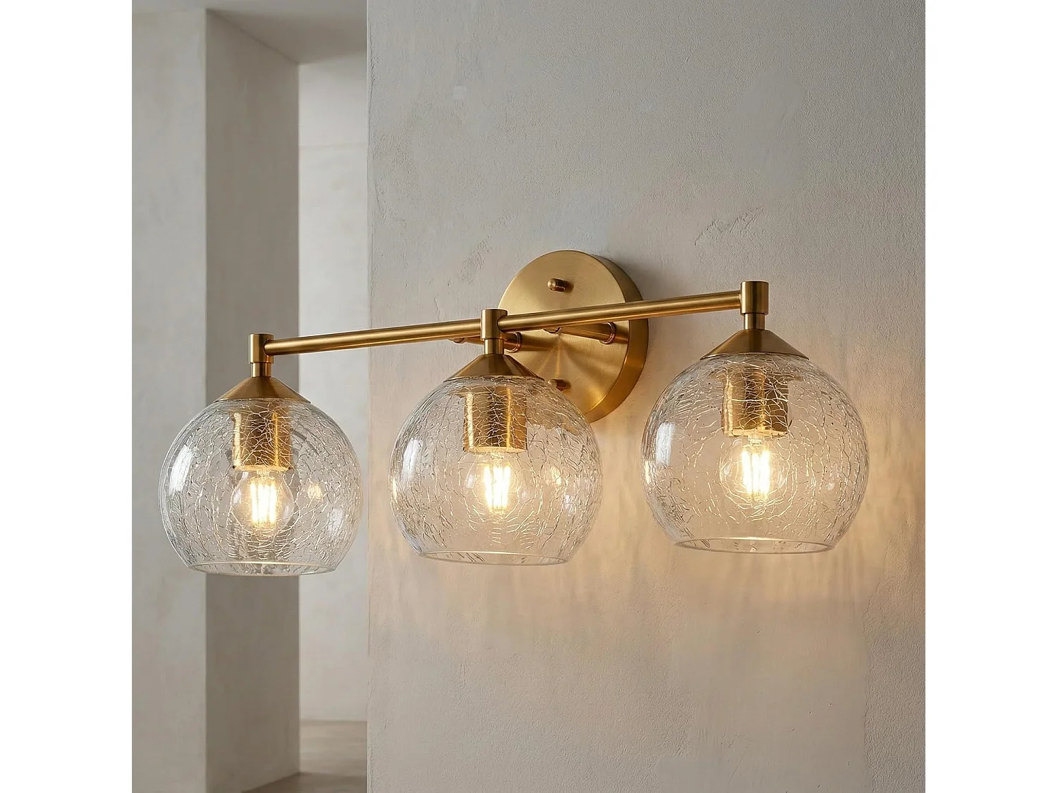 Applique Murale Moderne Dorée Salle de Bain 2 lots, 3 Lumières avec Abat-jour en Verre Crackle avec Douille E27 et Ampoules Incluses, 43cm