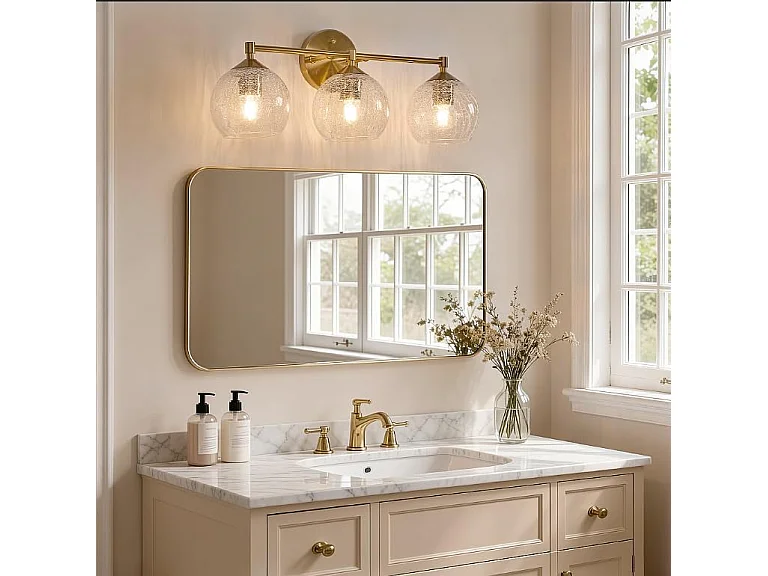 Applique Murale Moderne Dorée Salle de Bain 2 lots, 3 Lumières avec Abat-jour en Verre Crackle avec Douille E27 et Ampoules Incluses, 43cm