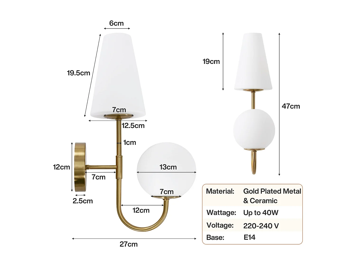 Applique murale d'intérieur 2 lots, lampe murale dorée avec abat-jour en verre dépoli,  couloir, ampoules E14x2 incluses