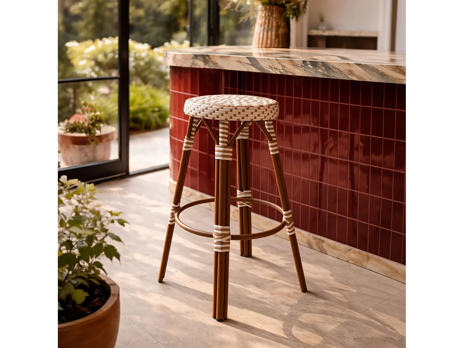 Now's Home - Tabouret De Bar  Haut En Textilen Tresse Noisette Alu Aspect Rotin Scala