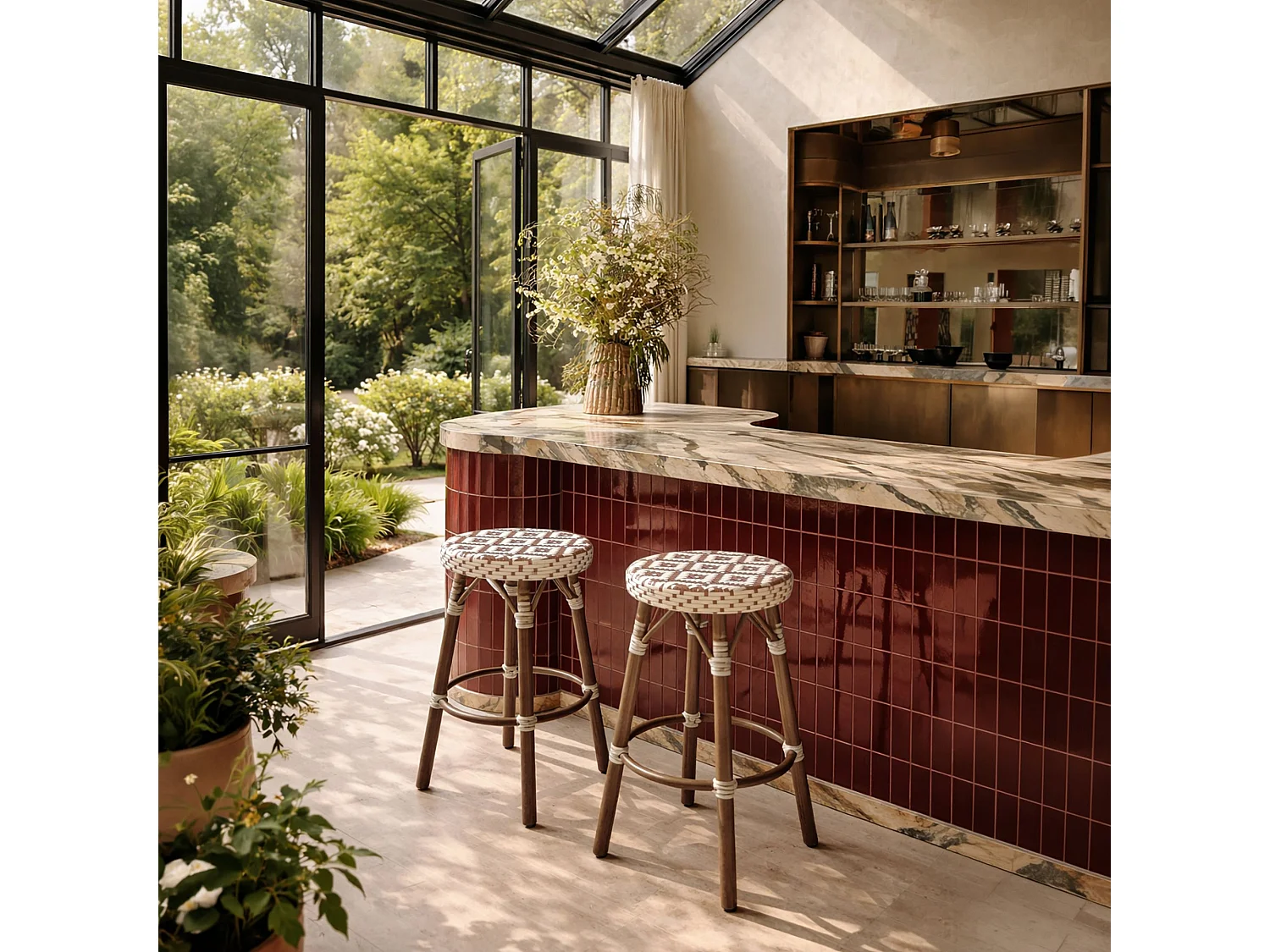 Now's Home - Tabouret De Bar  Haut En Textilen Tresse Noisette Alu Aspect Rotin Scala