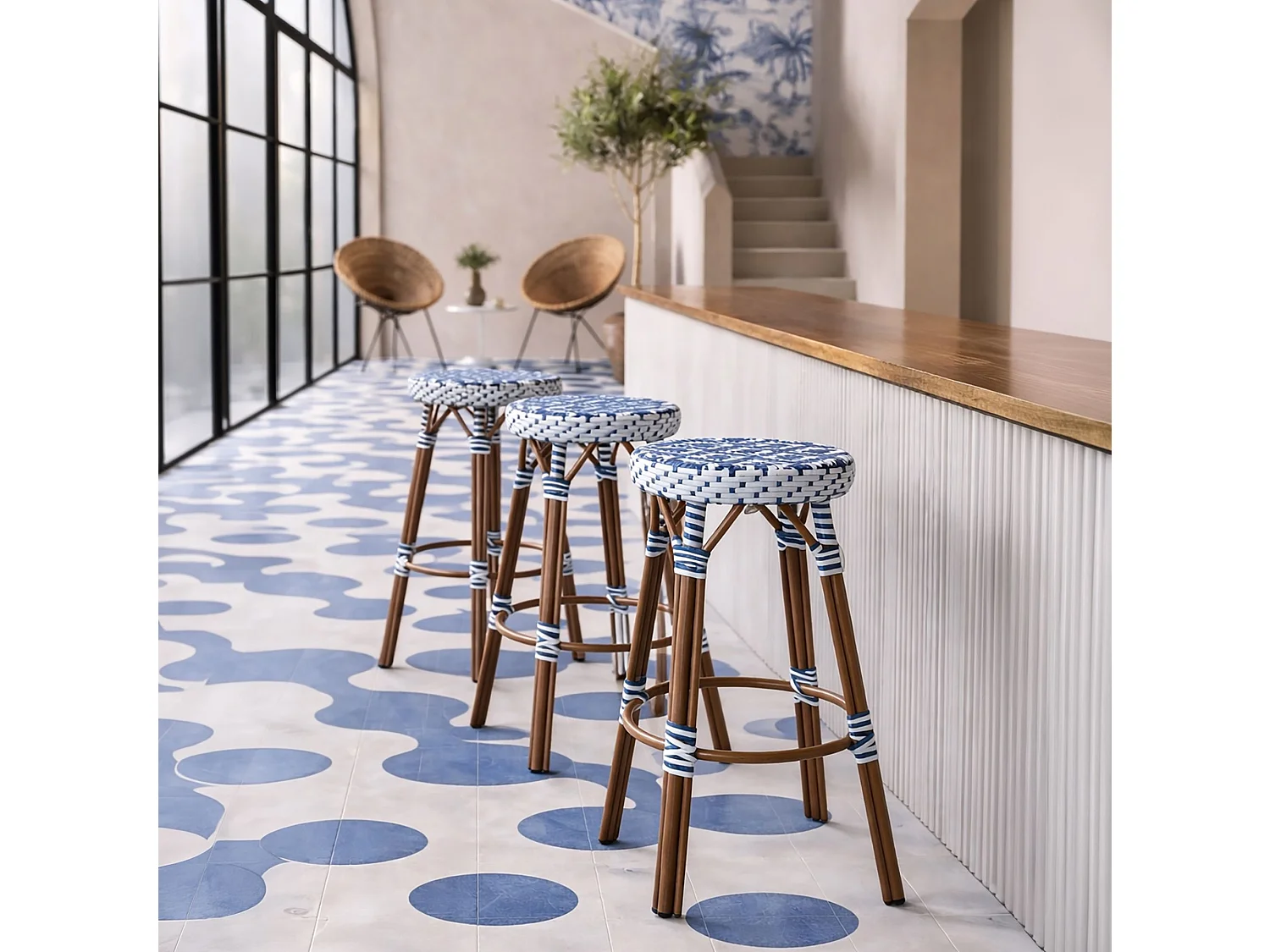Now's Home - Tabouret De Bar Haut En Textilene Tresse Bleu Alu Aspect Bambou Scala