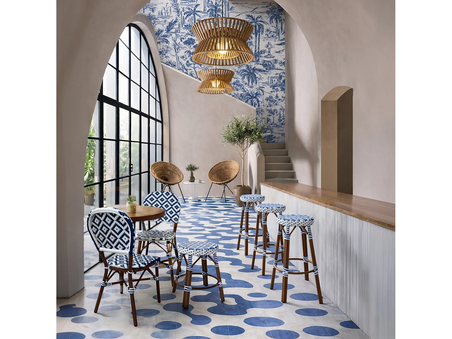 Now's Home - Tabouret De Bar Haut En Textilene Tresse Bleu Alu Aspect Bambou Scala