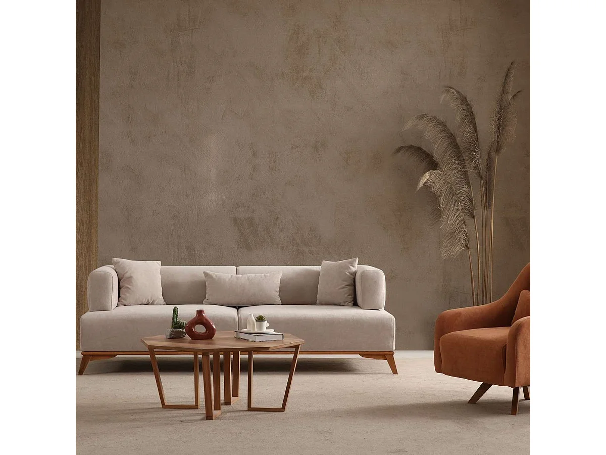 Canapé droit 3 places en tissu taupe, piètement marron - Tano