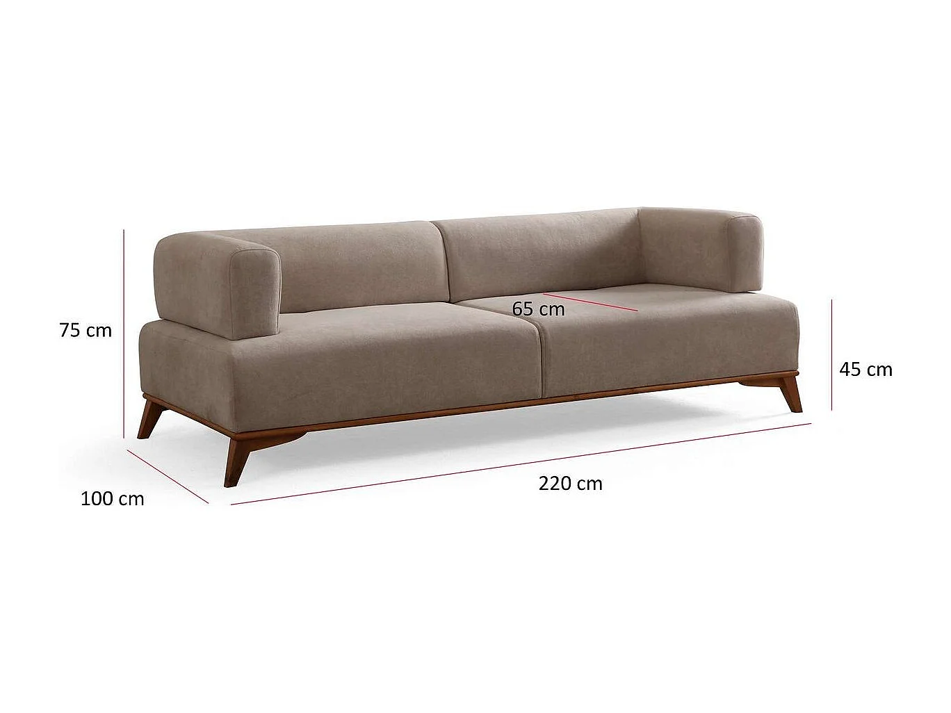 Canapé droit 3 places en tissu taupe, piètement marron - Tano