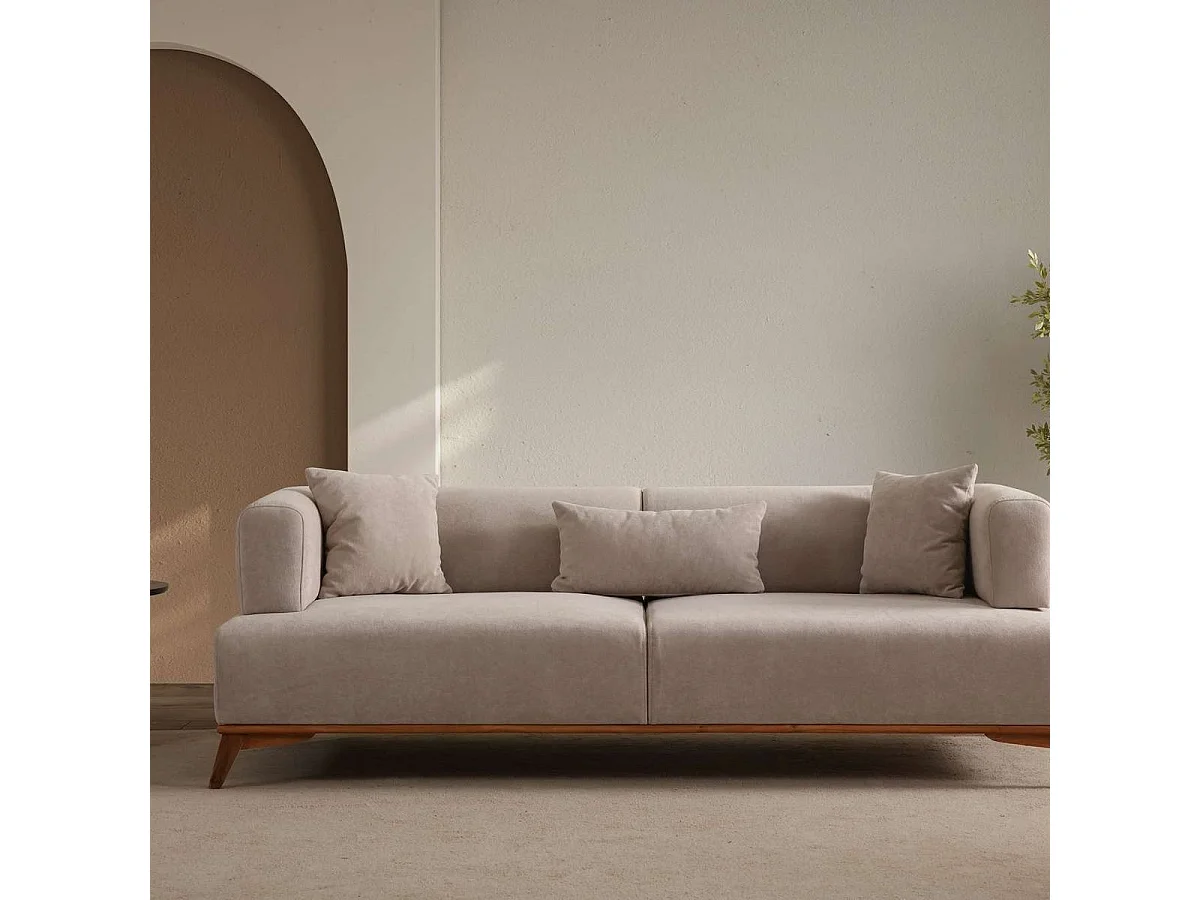 Canapé droit 3 places en tissu taupe, piètement marron - Tano