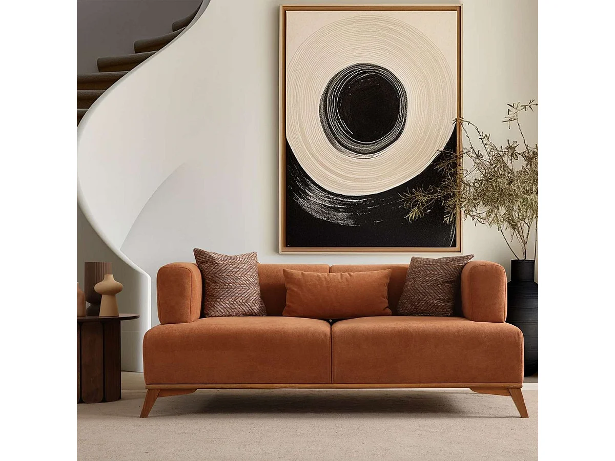 Canapé droit 2 places en tissu rouille, piètement marron - Tano