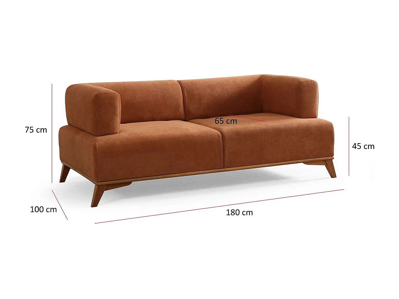 Canapé droit 2 places en tissu rouille, piètement marron - Tano