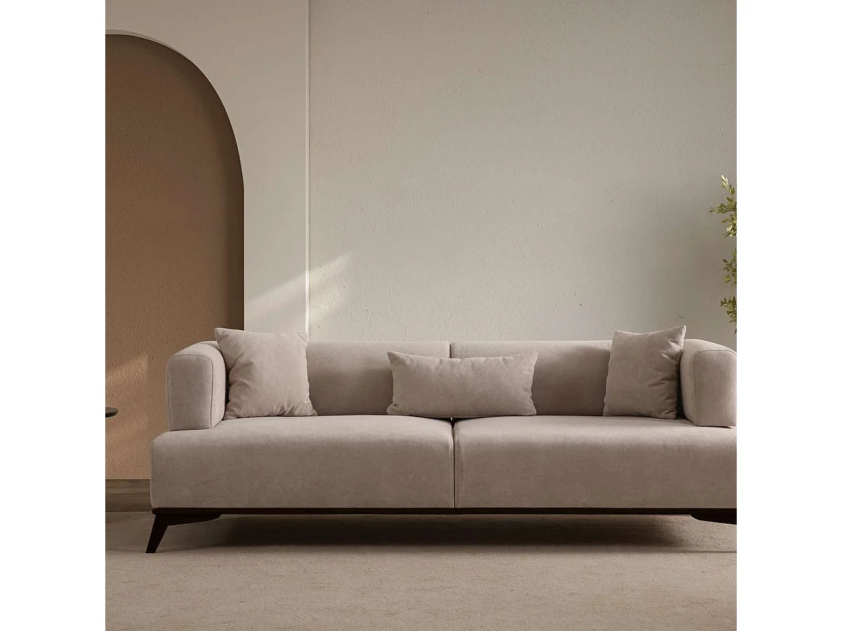 Canapé droit 3 places en tissu taupe, piètement noir - Tano