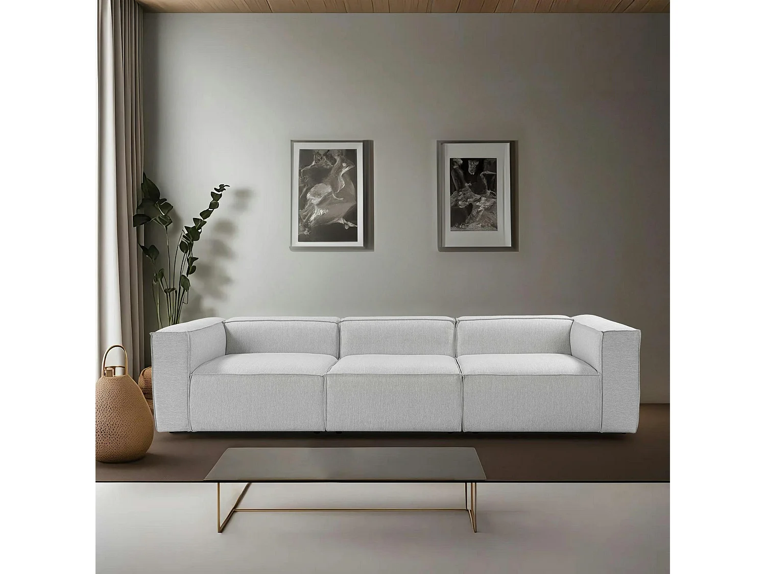 Canapé 3 places lin gris clair, accoudoirs carrés SPELLO