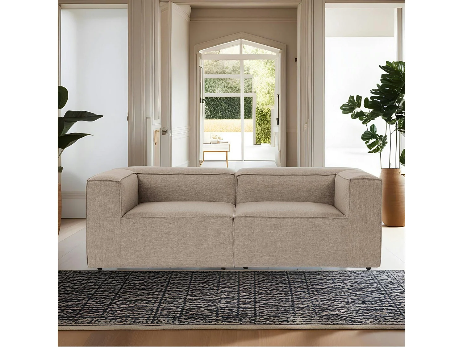 Canapé 2 places lin taupe, accoudoirs carrés SPELLO