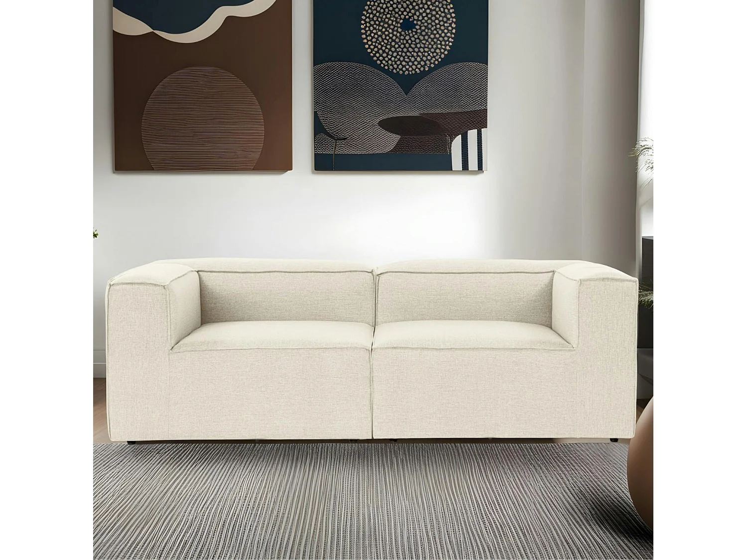 Canapé 2 places lin écru, accoudoirs carrés SPELLO