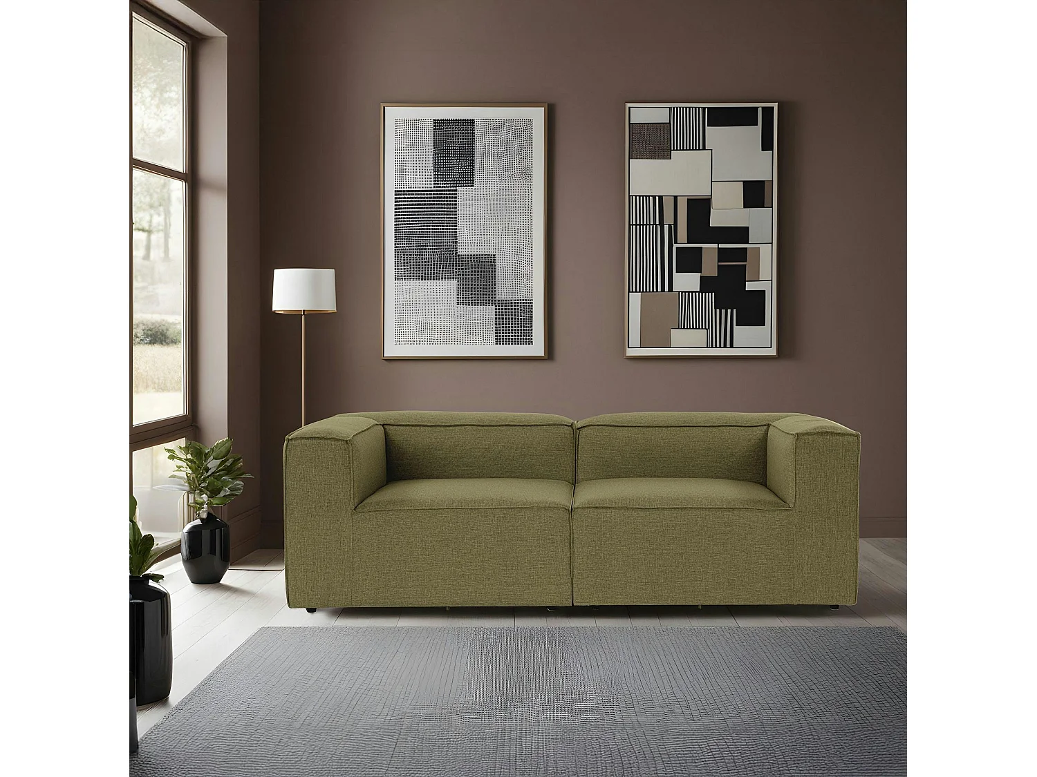 Canapé 2 places lin vert, accoudoirs carrés SPELLO
