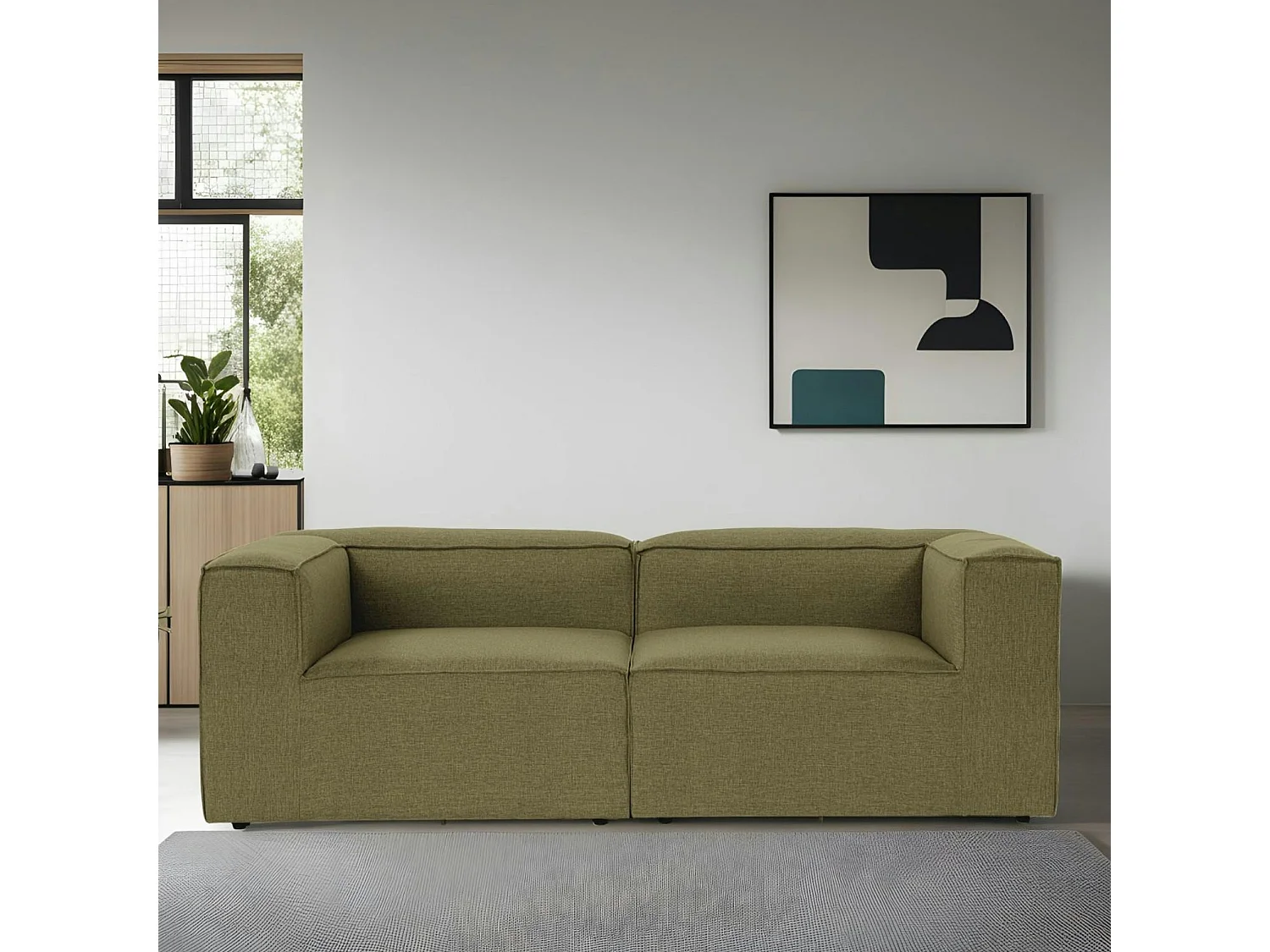 Canapé 2 places lin vert, accoudoirs carrés SPELLO