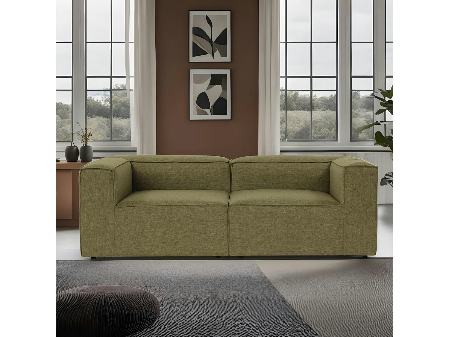 Canapé 2 places lin vert, accoudoirs carrés SPELLO