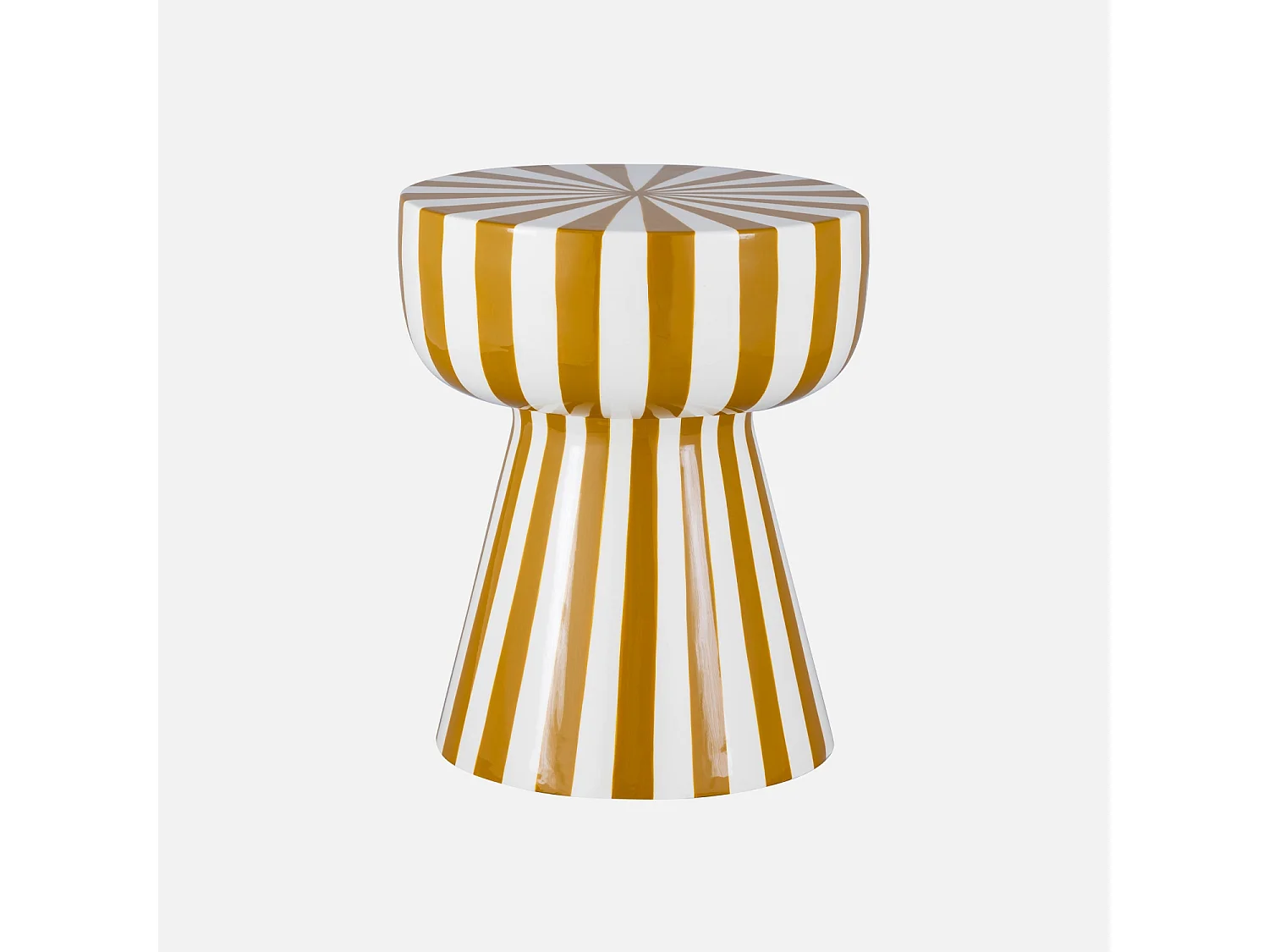 Table d'appoint. bout de canapé. table de chevet. acier émaillé rayures bicolore. ocre et blanc. Ø34 x H41cm
