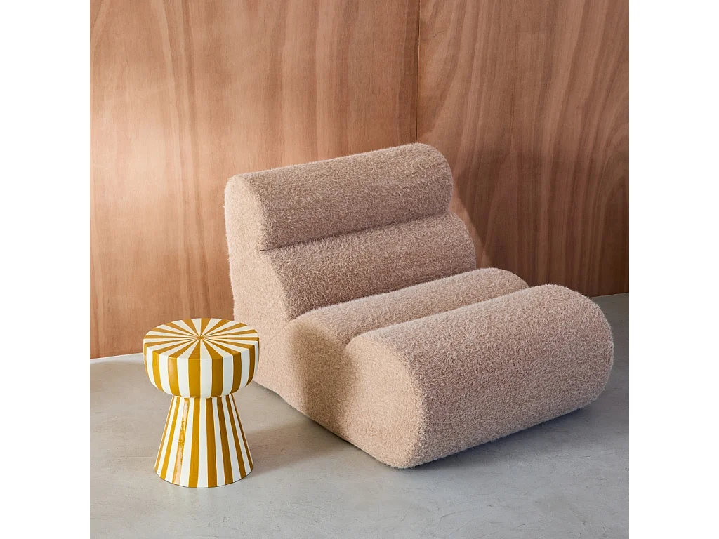 Table d'appoint. bout de canapé. table de chevet. acier émaillé rayures bicolore. ocre et blanc. Ø34 x H41cm