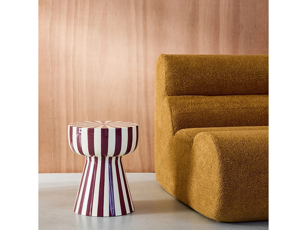 Table d'appoint. bout de canapé. table de chevet. acier émaillé rayures bicolore. violet et blanc. Ø34 x H41cm