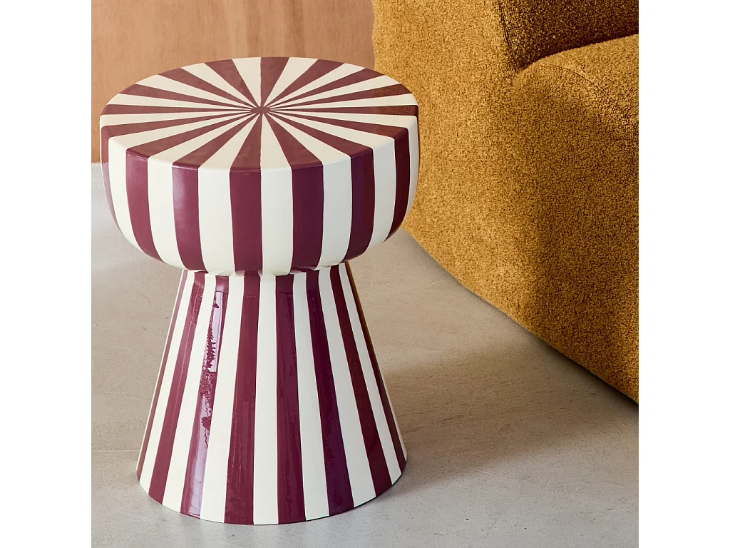 Table d'appoint. bout de canapé. table de chevet. acier émaillé rayures bicolore. violet et blanc. Ø34 x H41cm