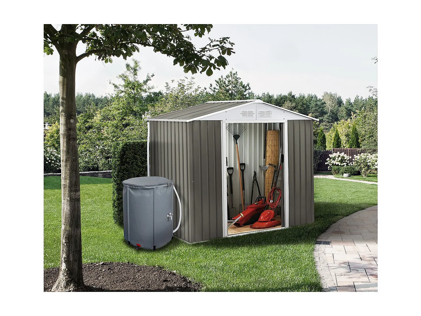 Gerätehaus aus Metall "Dallas" - 5,29 m² mit Dachrinne und Wasserauffangbecken - Taupe