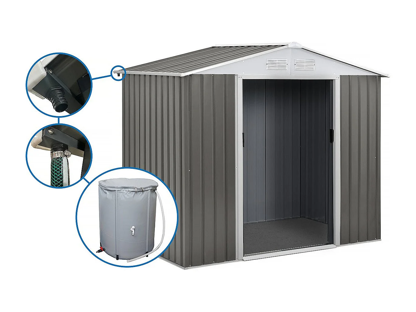 Gerätehaus aus Metall "Dallas" - 5,29 m² mit Dachrinne und Wasserauffangbecken - Taupe