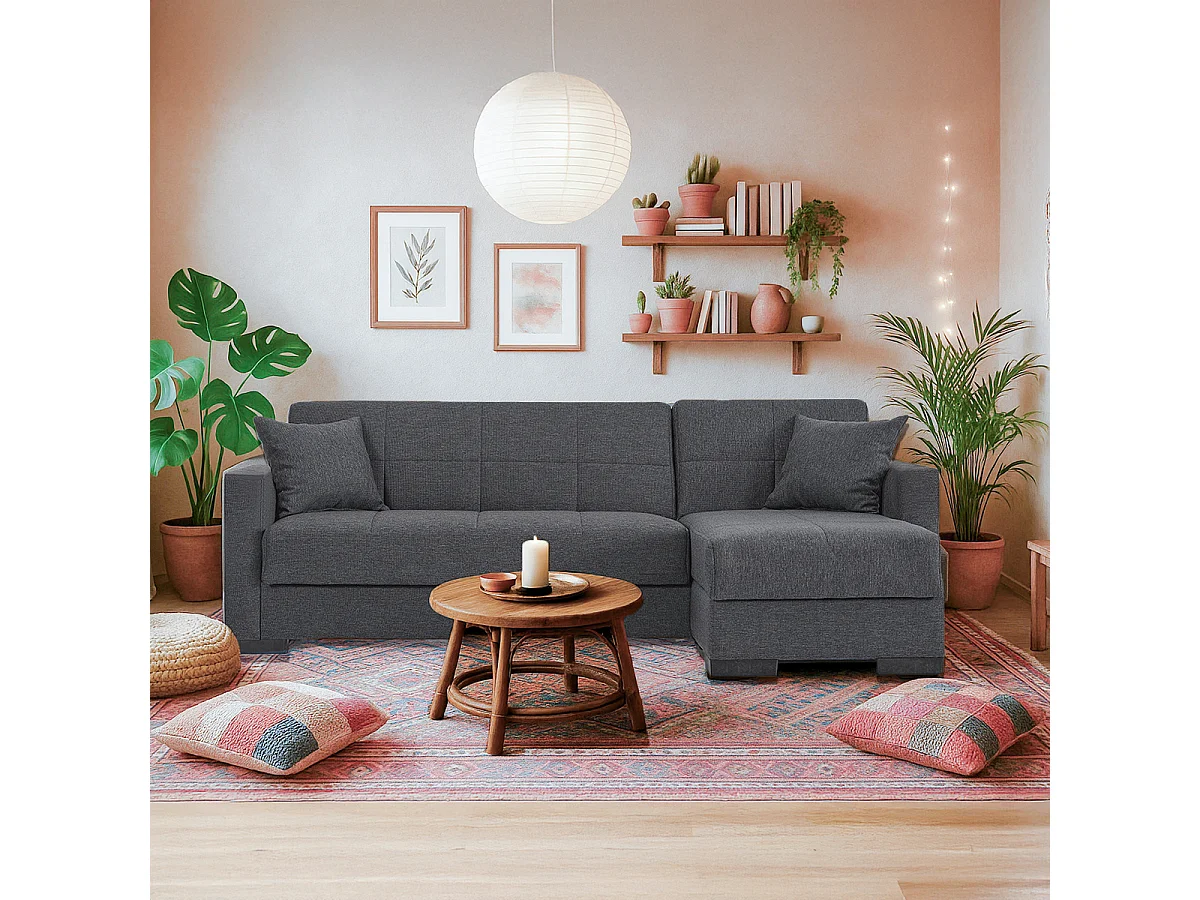 Canapé-lit sofa modulable gris avec méridienne - Longueur 204 x Largeur 140 x Hauteur 80 cm