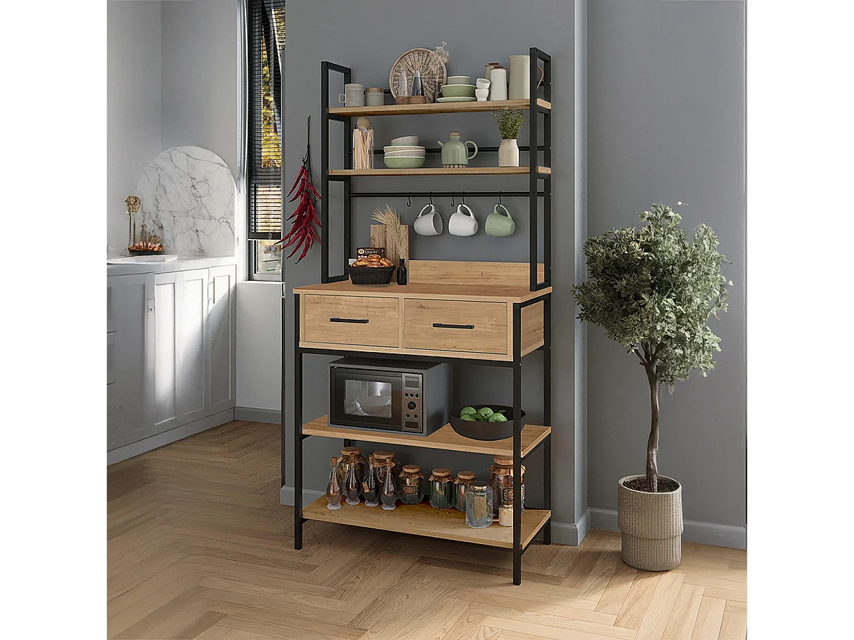 Étagère de cuisine avec tiroirs et étagères en bois,Meuble d'appoint avec crochets - Longueur 81 x Hauteur 169 x Profondeur 38 cm