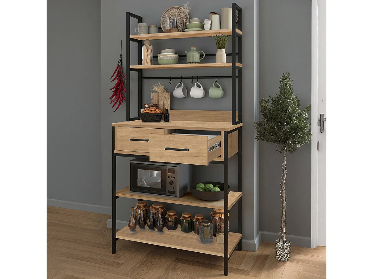 Étagère de cuisine avec tiroirs et étagères en bois,Meuble d'appoint avec crochets - Longueur 81 x Hauteur 169 x Profondeur 38 cm