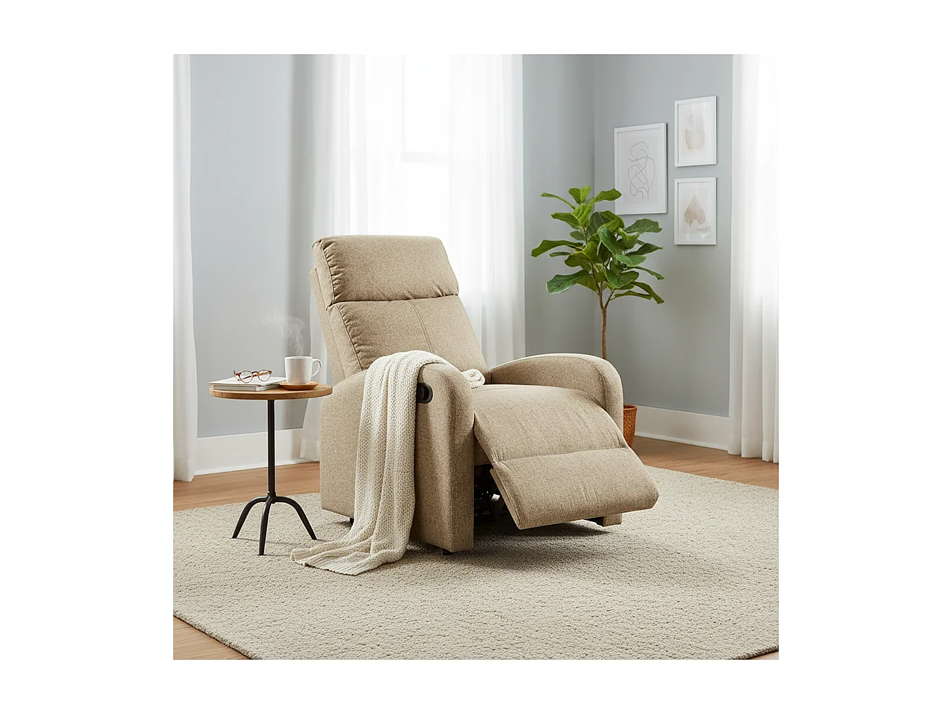 Fauteuil de relaxation inclinable manuel en tissu marron - Hauteur 95 x Longueur 95 x 97 cm