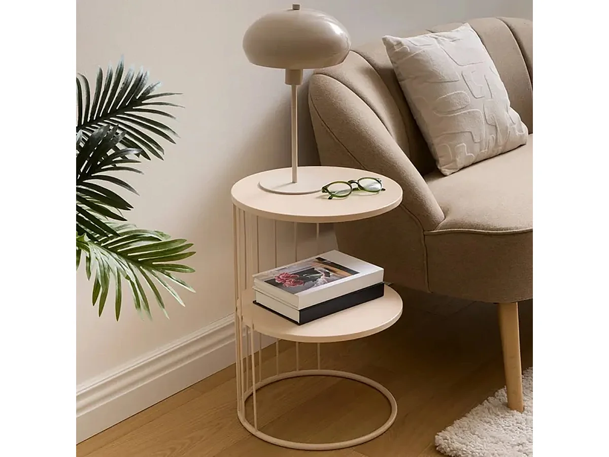 Bout de canapé Table café ronde en métal avec deux plateaux, coloris taupe - Diamètre 36 x Hauteur 52 cm
